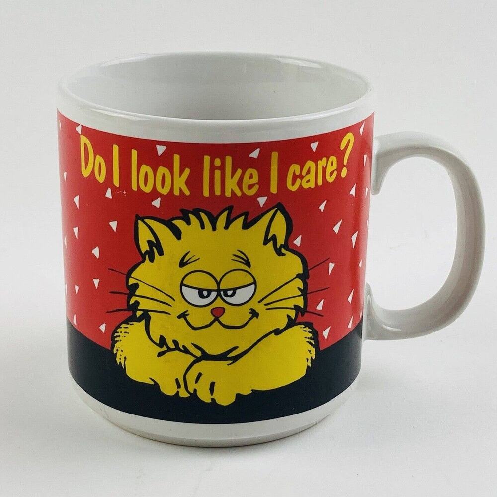 Vintage 80s Orange Cat Coffee Mug Do I Look Like I Care ? Apathetic Kitty RBF